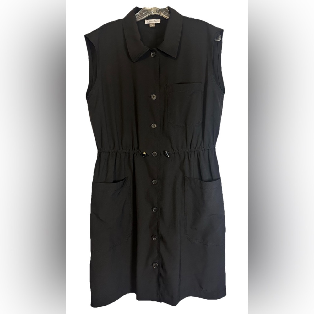 Calvin Klein‎ Button Up Dress Womens Size 8 Black Collared Sleeveless Pockets